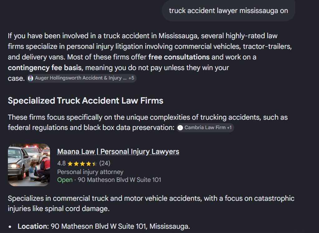 Google AI listing Maana Law alongside Auger Hollingsworth and Cambria Law for truck accident lawyer Mississauga