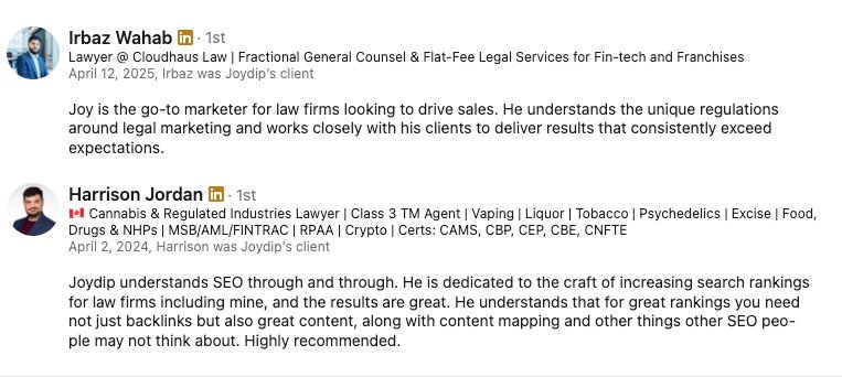 LinkedIn recommendations from Irbaz Wahab of Cloudhaus Law and Harrison Jordan praising Joydip Kirtunia's law firm SEO work