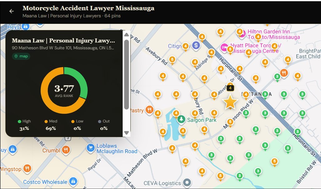 Map pack ranking for motorcycle accident lawyer Mississauga