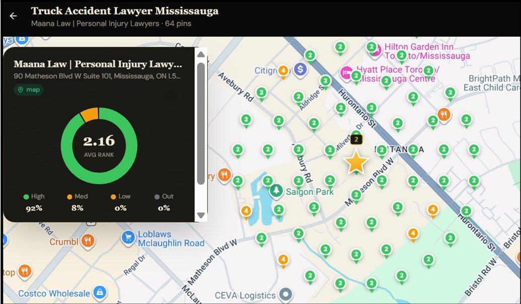 Map pack ranking for truck accident lawyer Mississauga