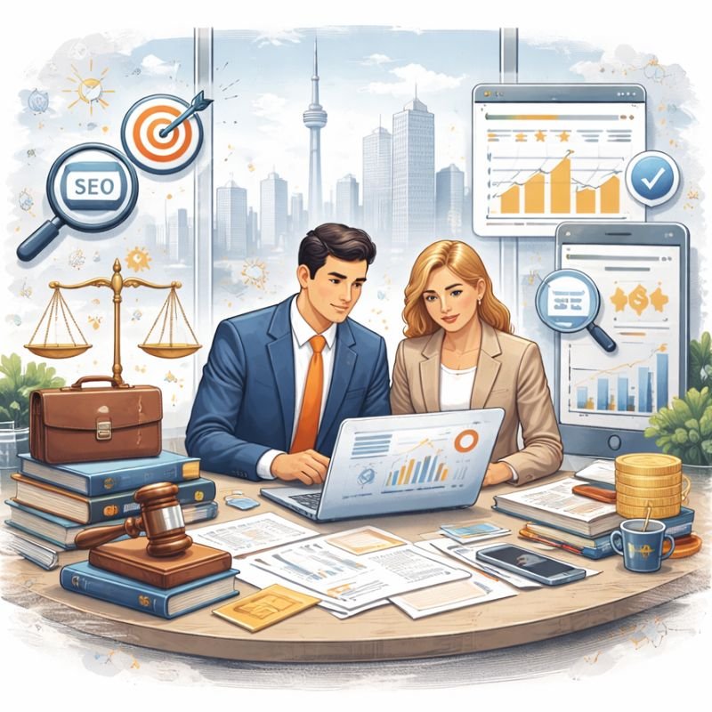 corporate and business lawyers in a modern Toronto office reviewing digital performance data on a laptop, surrounded by legal symbols and SEO analytics visuals.