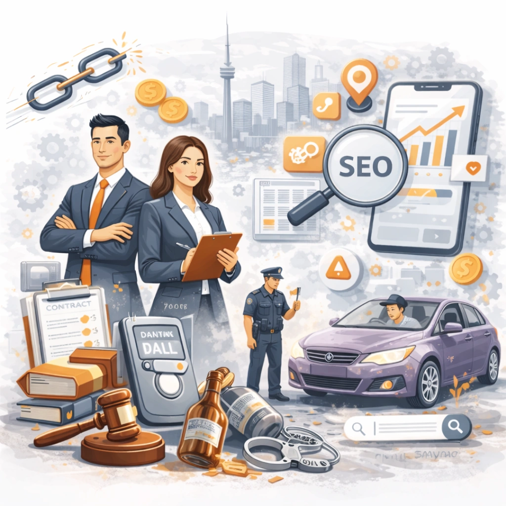 representing DUI and impaired driving lawyer SEO in Toronto, showing legal professionals, traffic enforcement, and digital search optimization elements.
