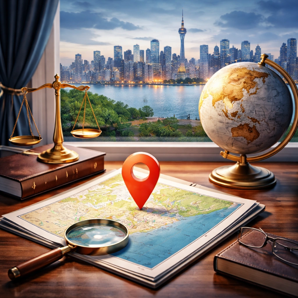 showing wrongful dismissal law firm SEO in Toronto, with legal symbols, local map elements, and digital search visibility concepts.