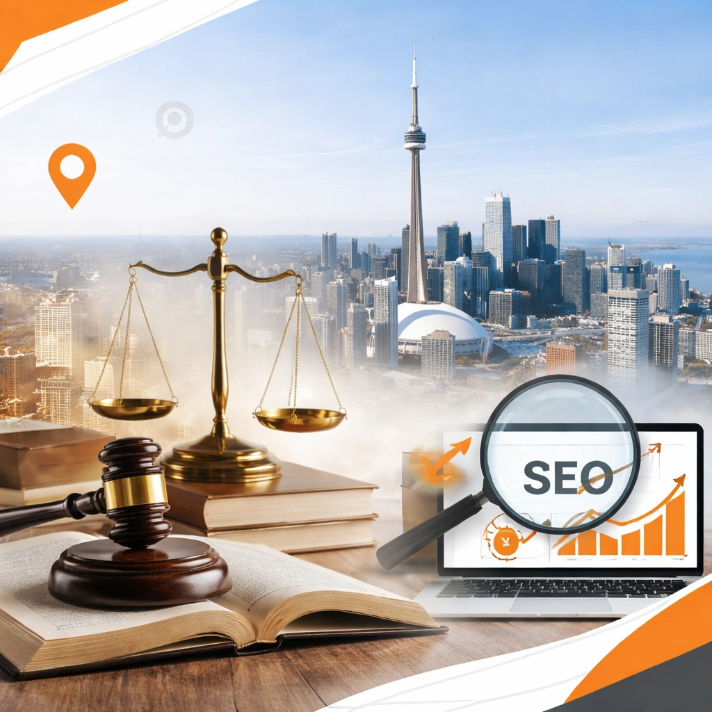 Golden scales of justice, wooden gavel, open law book, and laptop showing SEO growth chart under magnifying glass, set against the Toronto skyline with CN Tower and modern cityscape, symbolizing powerful SEO strategies for Toronto law firms