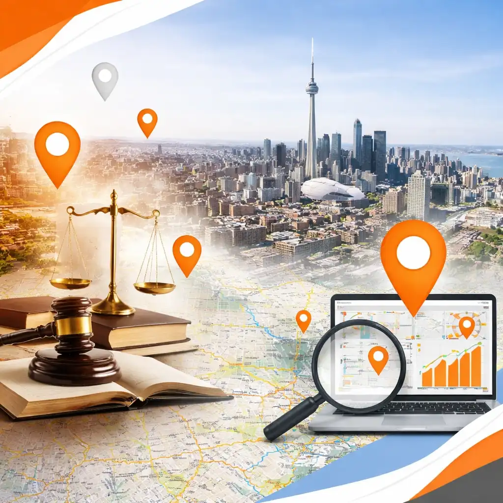 Toronto skyline with CN Tower, golden scales of justice, open law book, gavel, magnifying glass over digital map with orange location pins, and rising graph on laptop screen, symbolizing powerful local SEO for law firms in Toronto