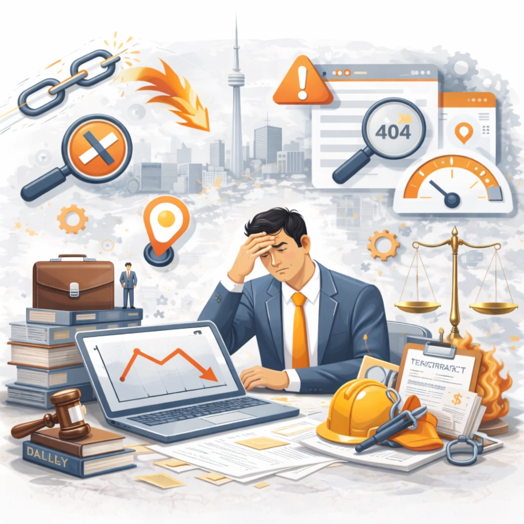 stressed businessman at a desk with a declining graph on his laptop, surrounded by symbols of website errors, broken links, warnings, legal scales, and operational challenges.
