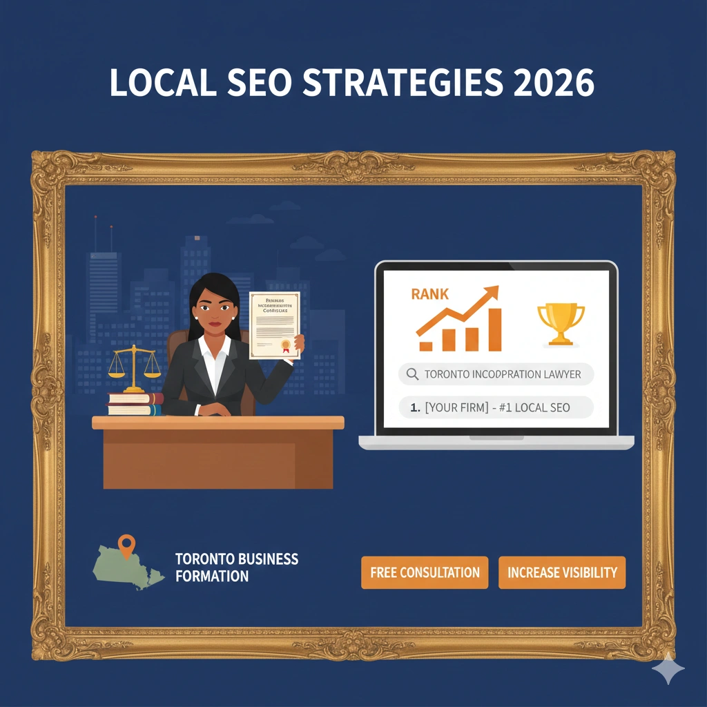 A professional digital interface showing a business incorporation lawyer in Toronto alongside a local SEO map and ranking dashboard.