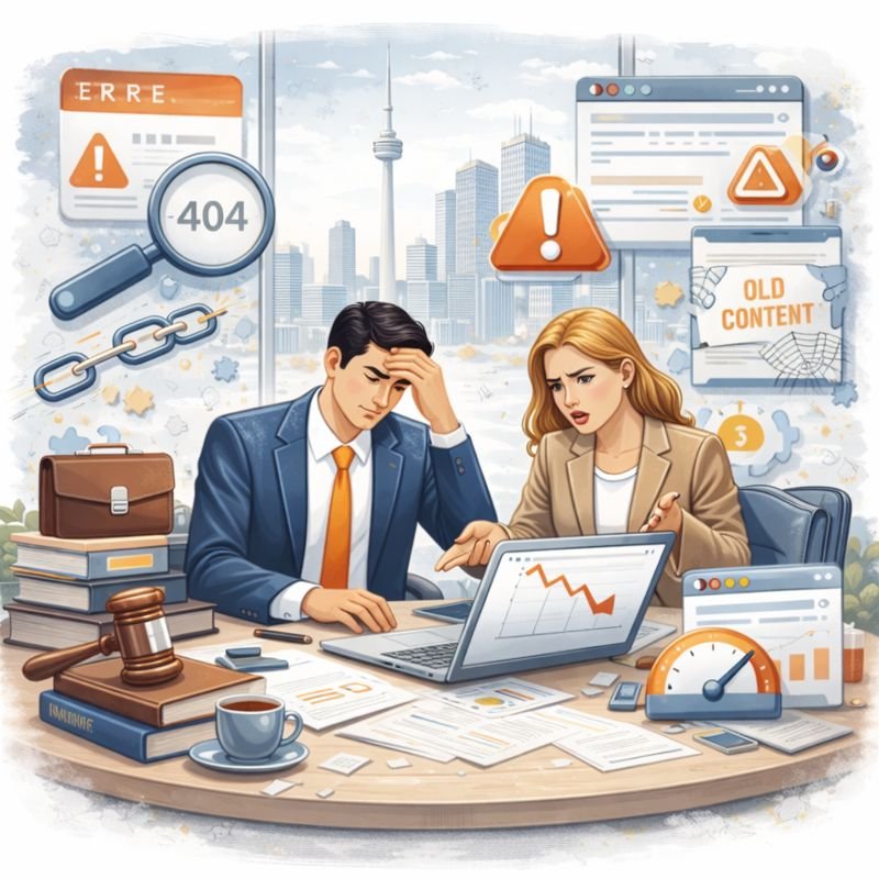 corporate and business professionals in a Toronto office facing SEO challenges, with declining analytics, error indicators, and outdated digital assets affecting online visibility.