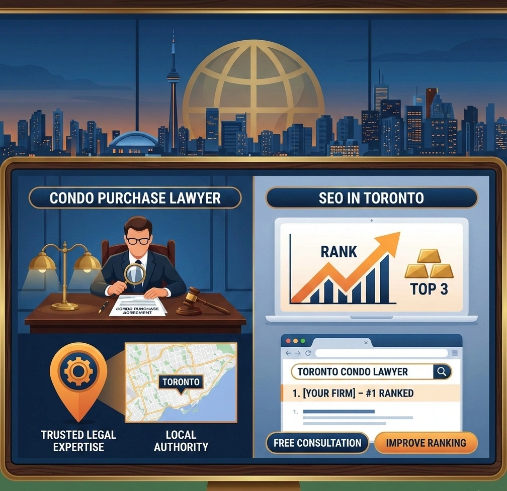 A professional infographic showing a Toronto condo purchase lawyer and a digital SEO dashboard displaying top Google rankings with the Toronto skyline background.