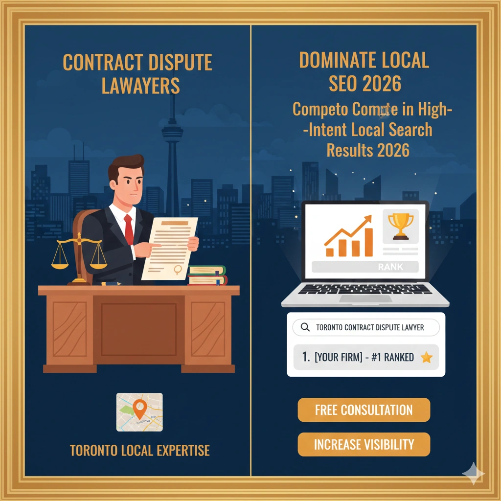 A professional digital interface showing a Toronto contract dispute lawyer analyzing a legal agreement alongside a search ranking dashboard with 2026 local SEO growth metrics.