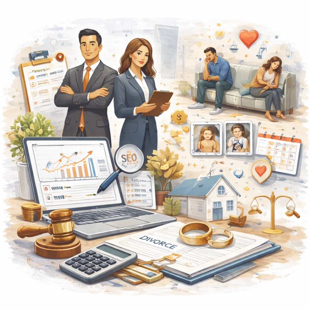 showing divorce law professionals, legal documents, and digital marketing elements representing SEO strategies for divorce process law firms.