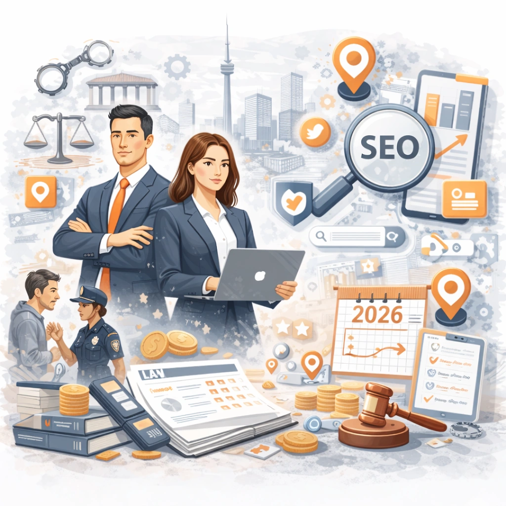showing domestic assault defence lawyers in Toronto using SEO strategies, local search optimization, and digital analytics to improve law firm visibility across the GTA.