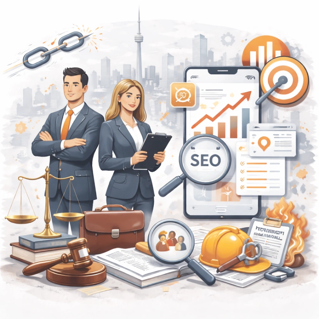 employment and labour law firm SEO in Toronto, featuring professional lawyers, legal symbols, workforce elements, and digital SEO analytics representing improved online visibility and lead growth.