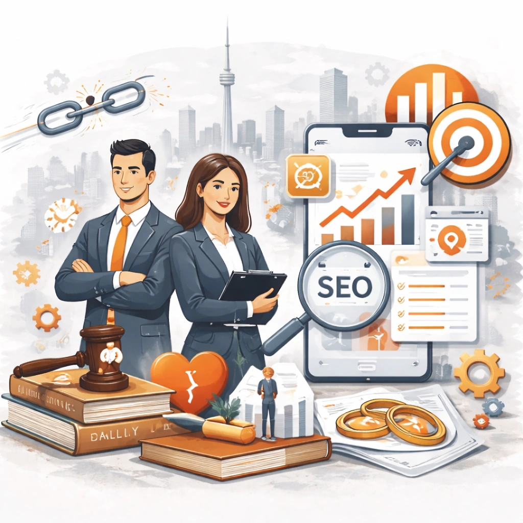 Illustration of a professional family and divorce law firm SEO strategy in Toronto, showing legal professionals, SEO analytics, growth charts, backlinks, and digital marketing elements for law firms.