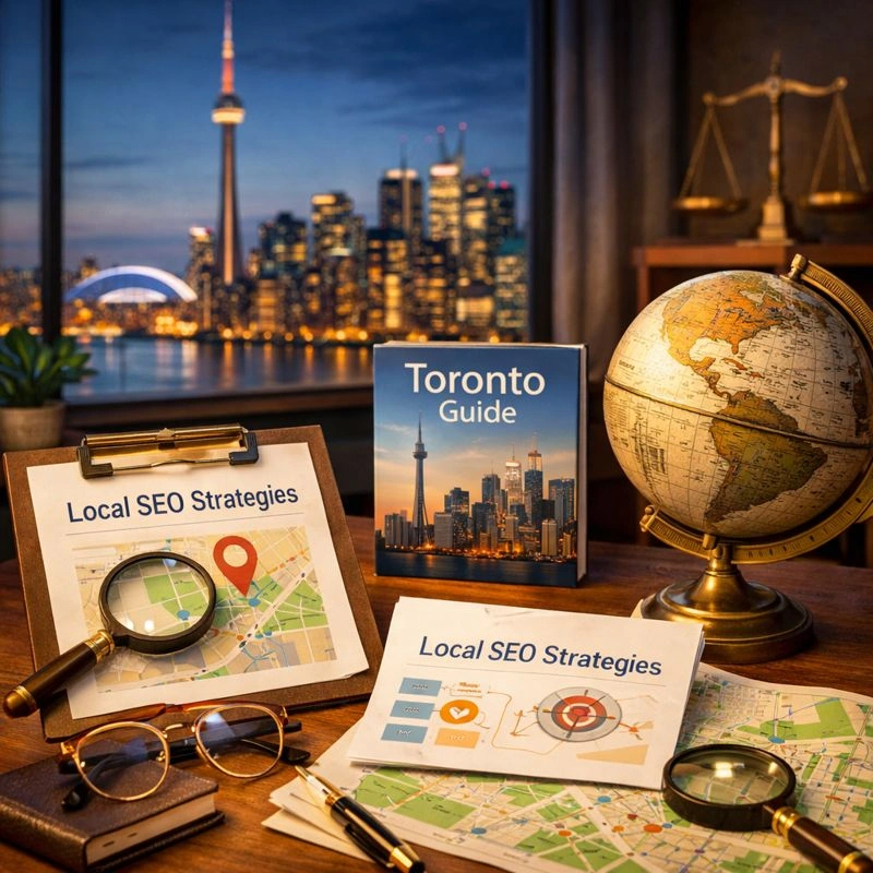Professional Toronto office workspace illustrating local SEO strategies for franchise agreement review and IP law services, featuring city skyline, maps, and research tools.