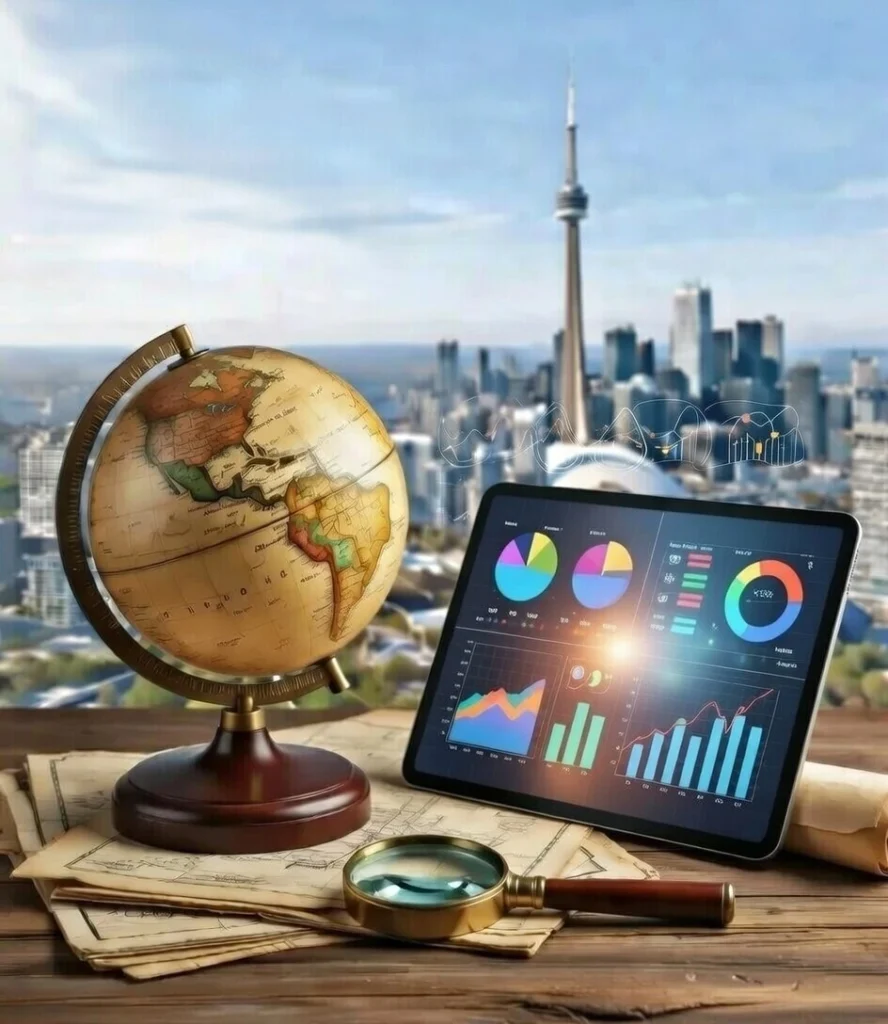 Toronto Skyline with Globe and Magnifying Glass, Immigration Law Firm SEO