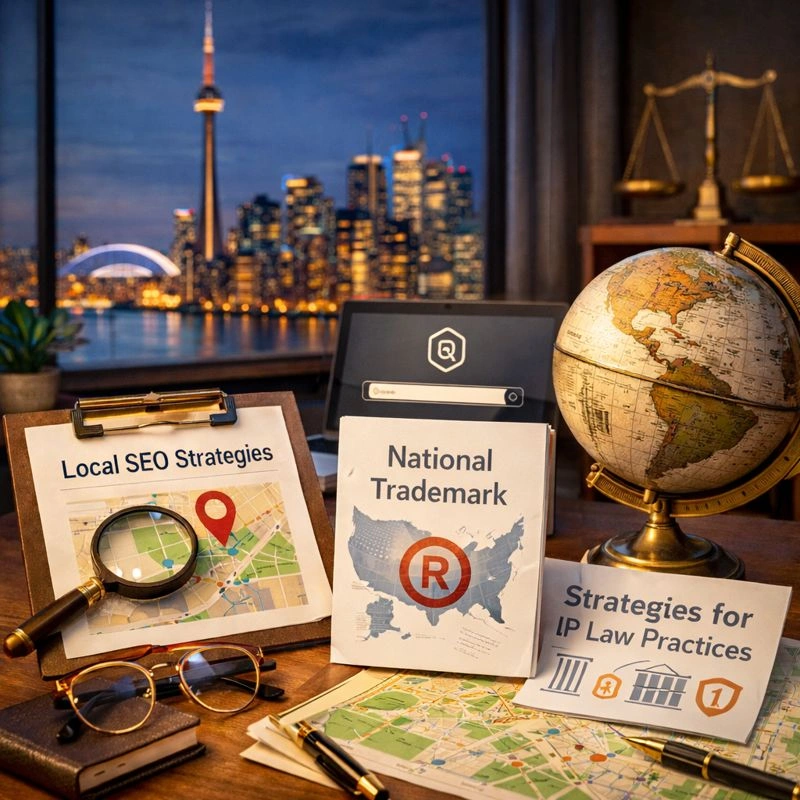 Toronto IP law office workspace illustrating local SEO strategies and national trademark SEO for law firms, with GTA skyline, maps, and research tools.