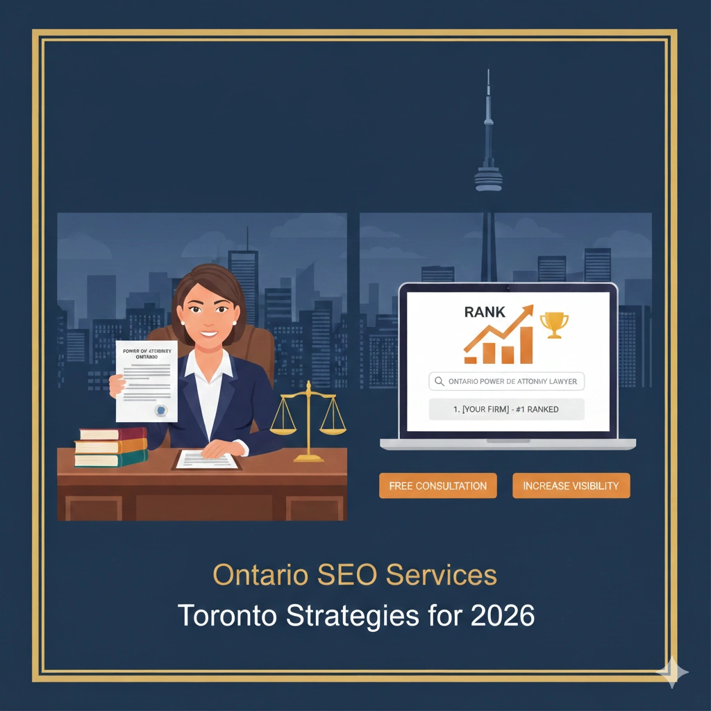 A high-authority digital interface featuring a lawyer reviewing Power of Attorney documents alongside a dashboard showing top Google rankings in Toronto.