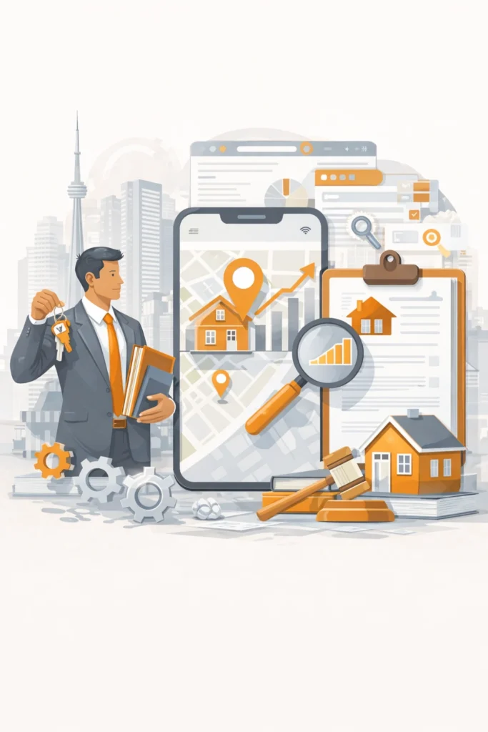Illustration showing a real estate law firm in Toronto using specialized SEO strategies to improve local search visibility and client acquisition. service page real estate law firm SEO Toronto