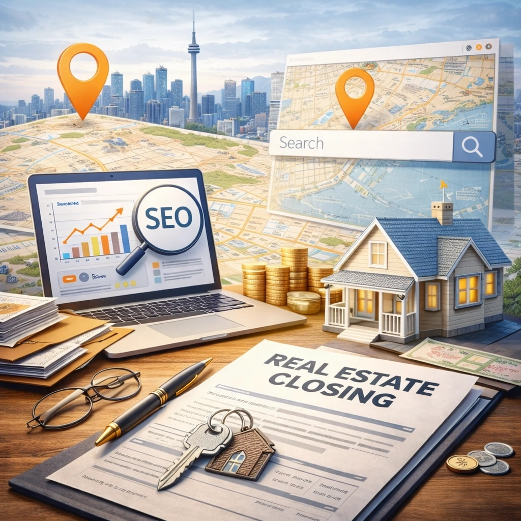 Residential real estate closing SEO concept in Toronto showing property documents, search optimization, and local map focus for 2026.