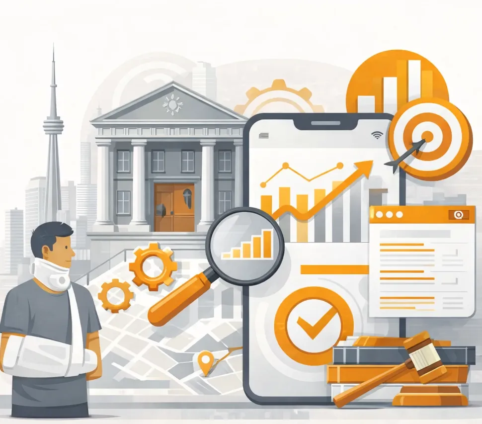 showing a personal injury law firm in Toronto supported by specialized SEO strategy, legal symbols, and local search optimization elements. service page personal injury law firm