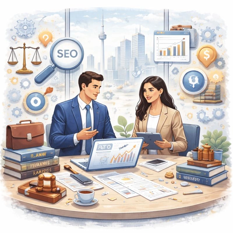 corporate and business law professionals in a Toronto office reviewing digital growth data, with legal tools and SEO-related visuals integrated into the scene.