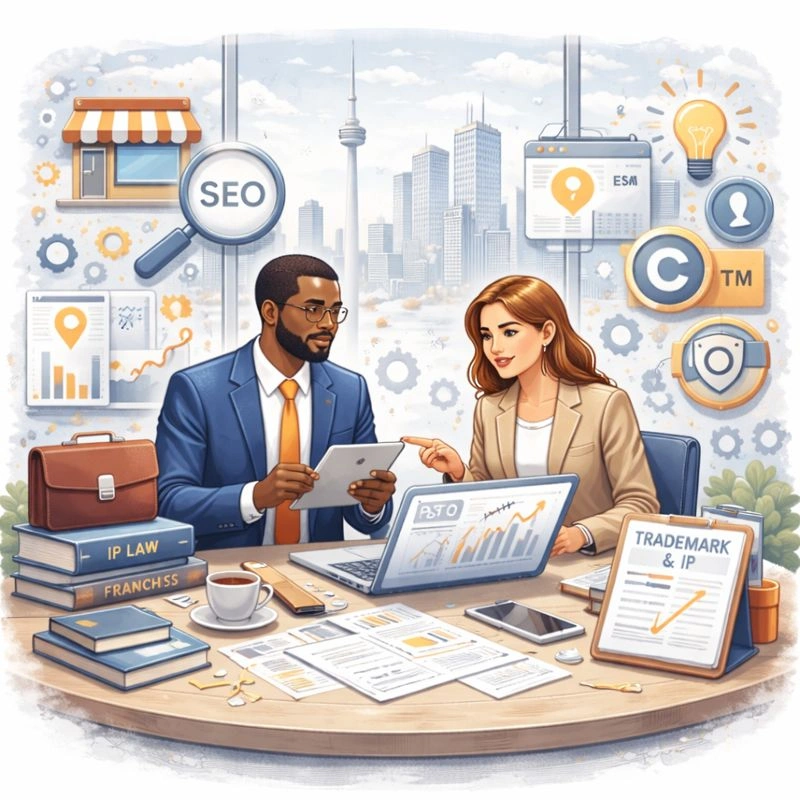 franchise and intellectual property law professionals in a Toronto office collaborating on SEO strategy, with digital analytics, legal tools, and brand protection symbols around them.